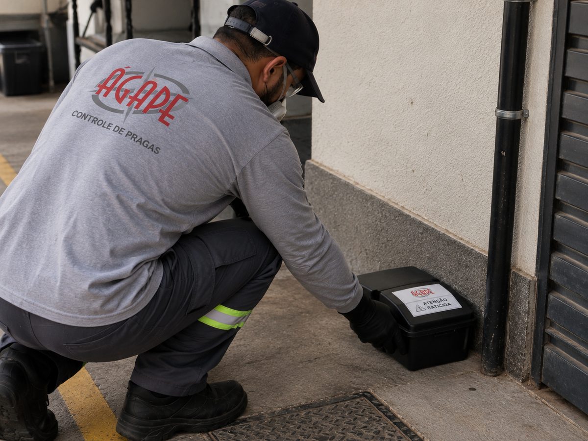 Funcionário uniformizado posicionando uma caixa porta-isca com aviso de raticida junto à parede