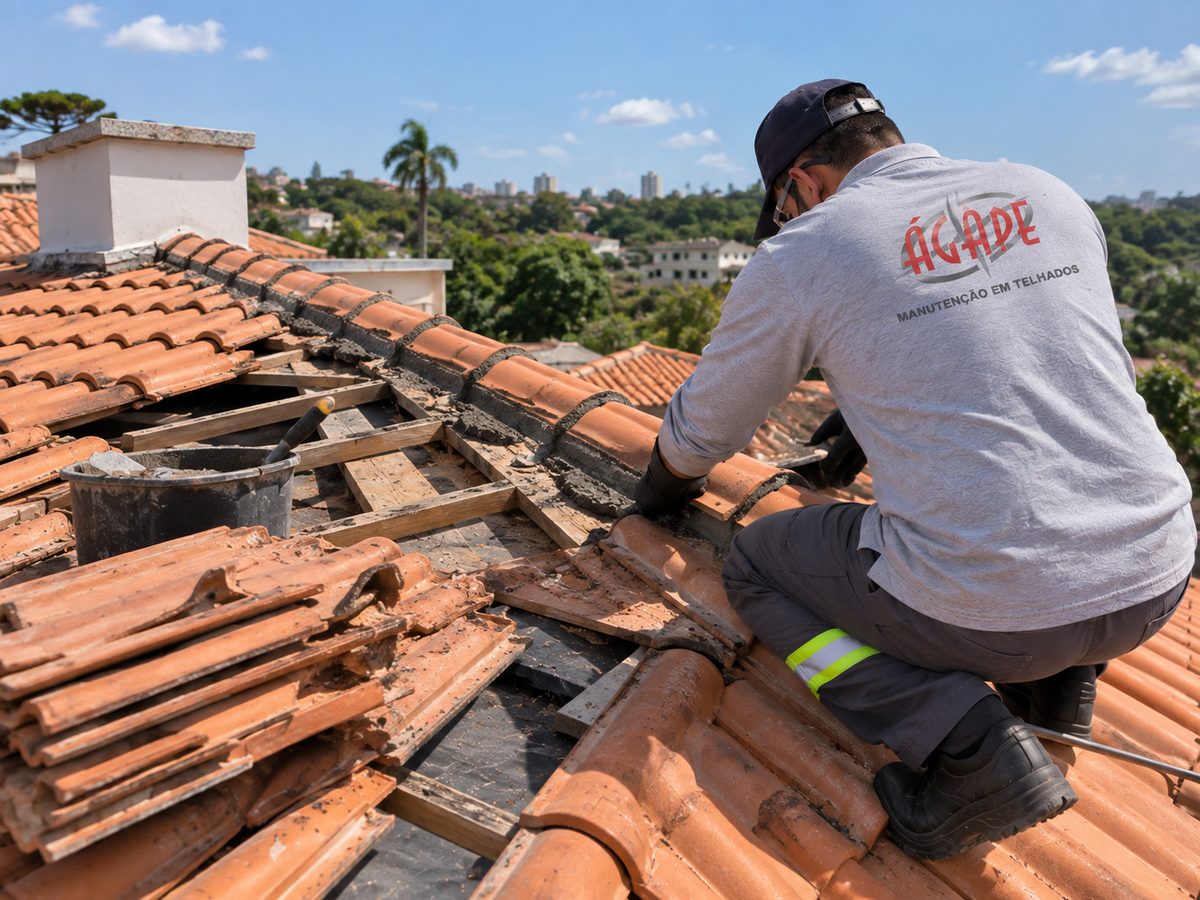 Funcionário uniformizado trabalhando na manutenção de um telhado de telhas cerâmicas