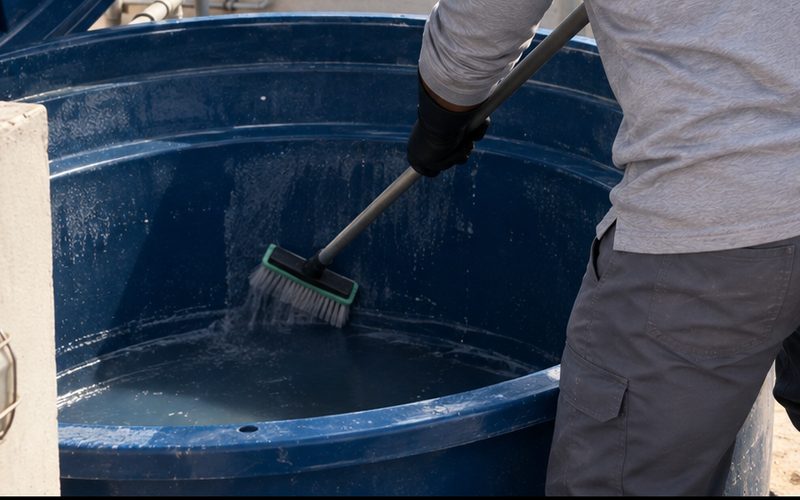 Funcionário uniformizado limpando o interior de uma caixa d'água com uma escova de cabo longo