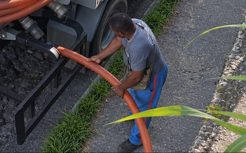 Funcionário ajustando a mangueira de sucção ao lado de um caminhão com tanque