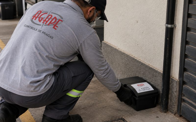Funcionário uniformizado posicionando uma caixa porta-isca com aviso de raticida junto à parede