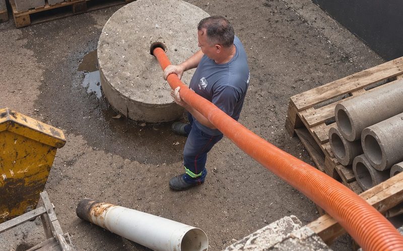 Funcionário posicionando a mangueira de sucção na abertura de uma fossa