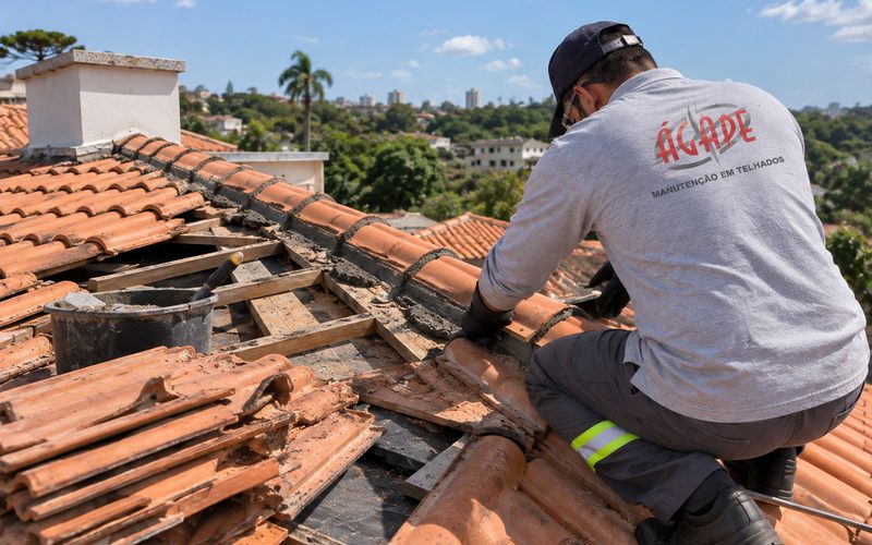 Funcionário uniformizado trabalhando na manutenção de um telhado de telhas cerâmicas